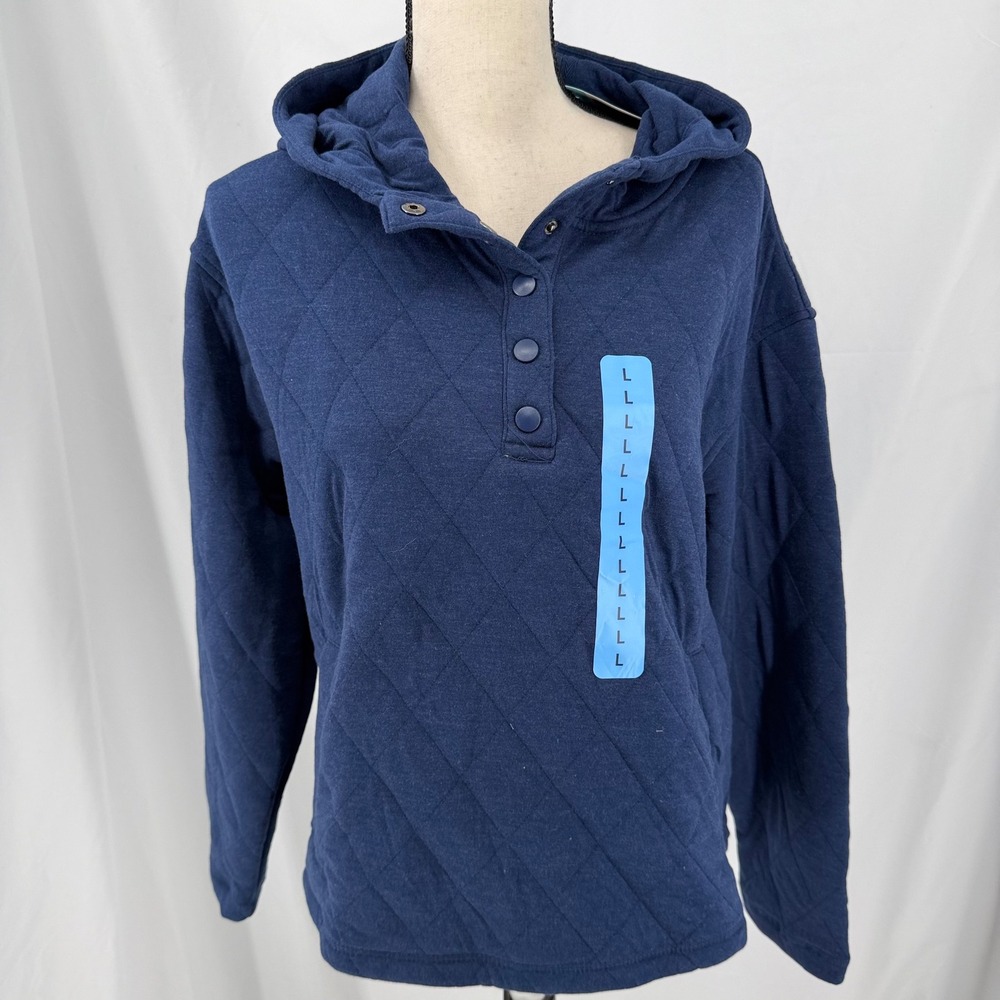 Lands End Womens Navy Blue Quilted Snap Neck Pullover Hoodie Sweatshirt Large